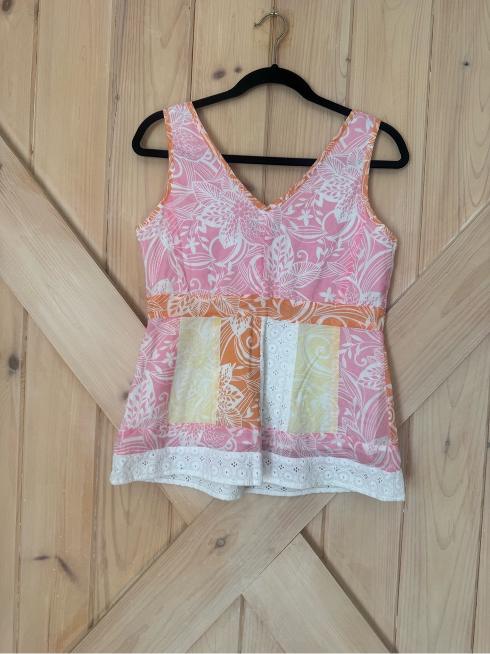 Sleeveless Floral Patchwork V-Neck Tank Top in Pink, Orange & Yellow - Picture 2 of 7